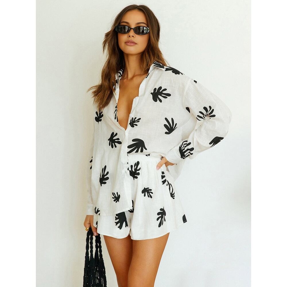 Commense Chill Life Plant Print Casual Relaxed Vacation Top & Short Set White XS